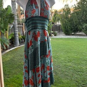 Free People Asymmetrical Dress with Floral Pattern - Green and Red